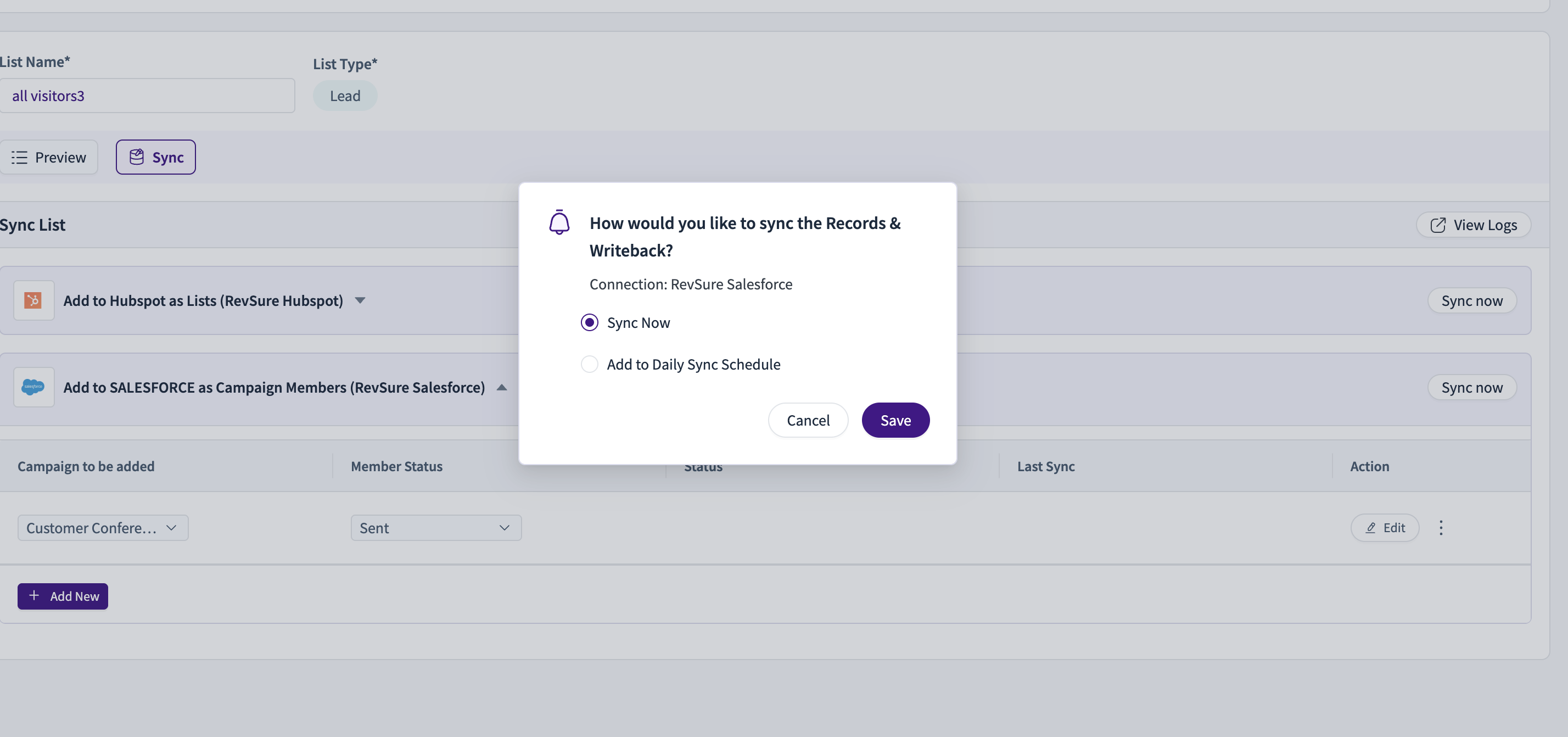 Sync options for connecting RevSure Salesforce with Hubspot and campaign members.